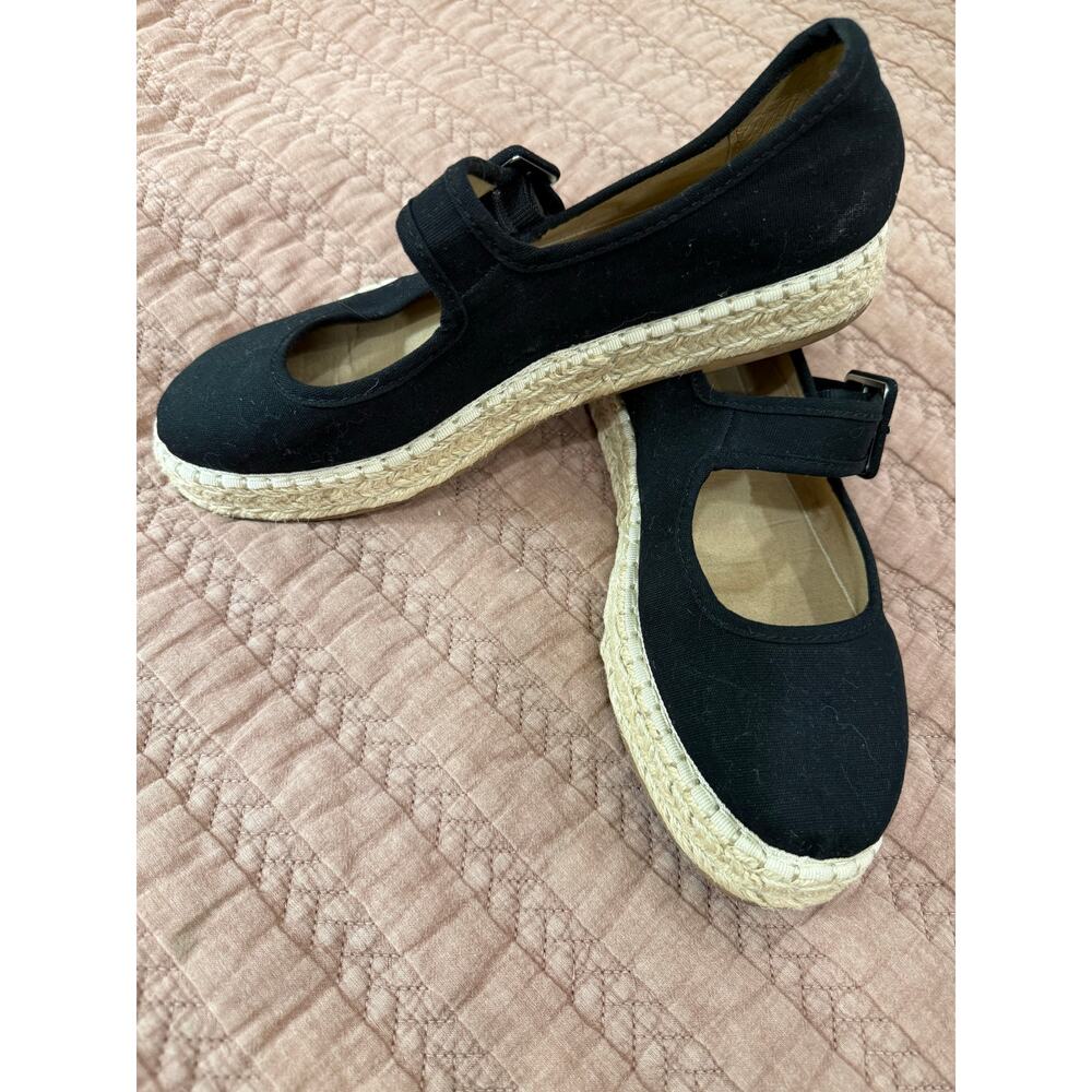 Sun + Stone Black Canvas Platform Espadrille Mary Jane Shoes Buckle Strap Sz 9